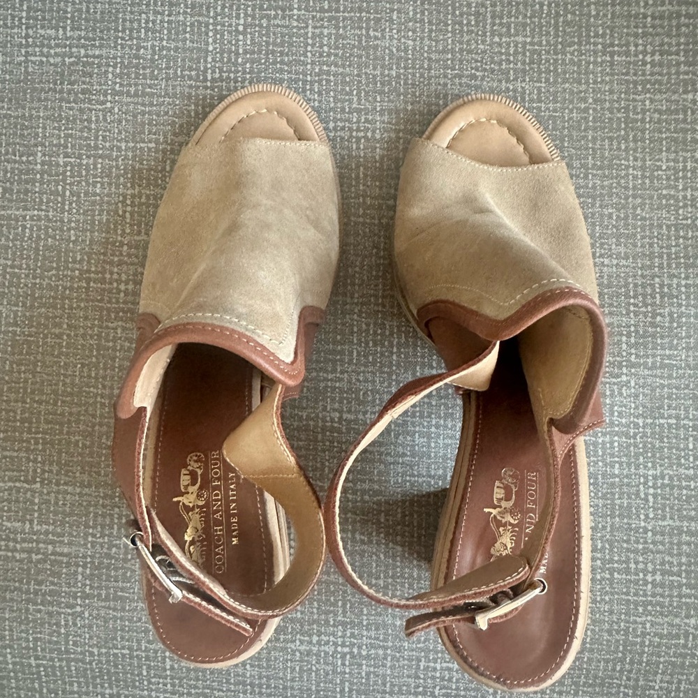 Coach And Four Tan Brown Suede & Leather Peep Toe Block Heel Slingback Size 10 - Picture 13 of 13